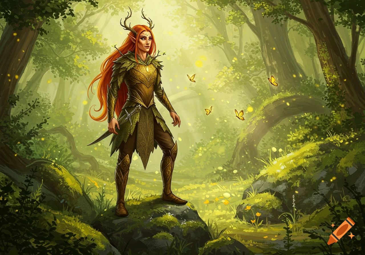 An elven huntress with long red hair and antlers stands on a mossy rock in a sunlit forest with golden butterflies.