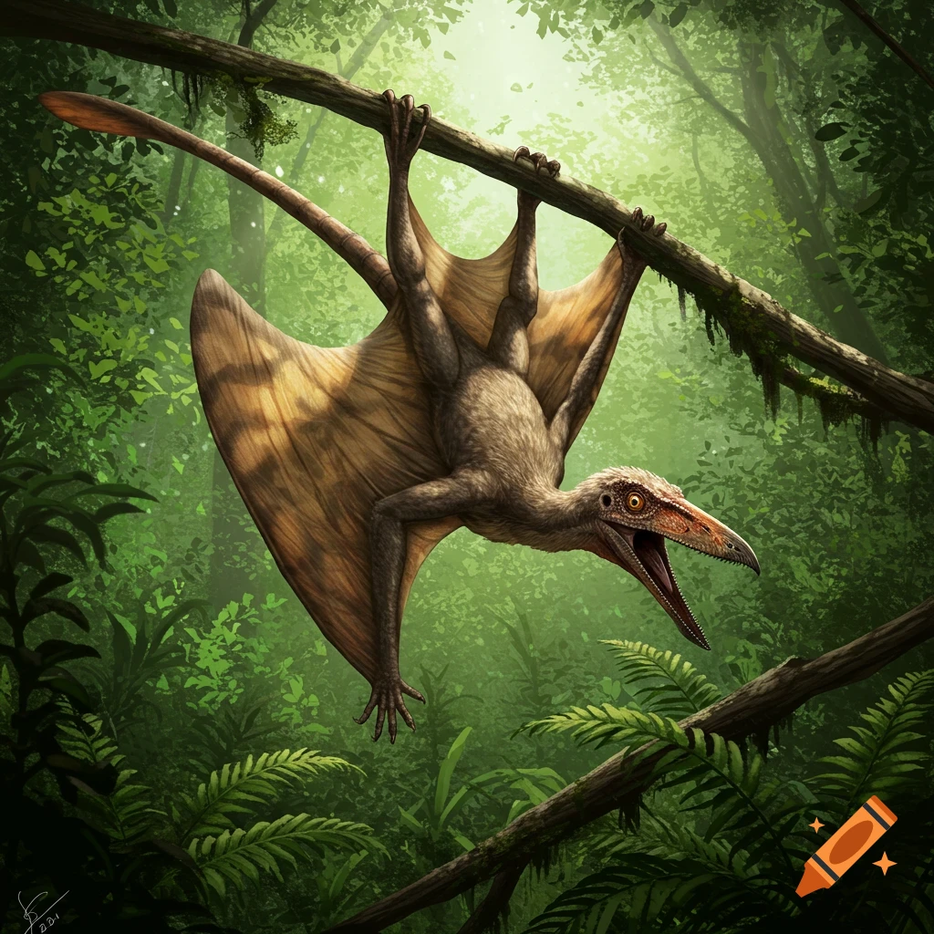 A Rhamphorhynchus hangs upside down from a mossy tree branch in a vibrant, sunlit jungle.