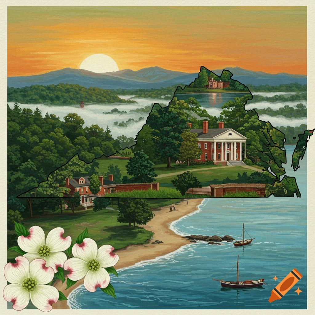 Stylized illustration of the state of Virginia, featuring mountains, forests, historic buildings, a beach, boats, and dogwood flowers.