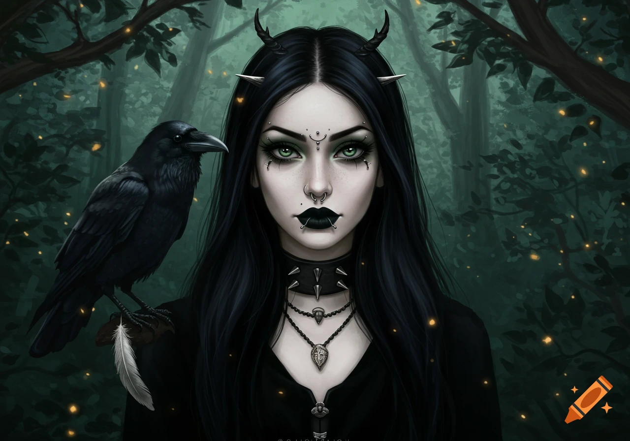 Pale goth woman with long black hair, green eyes, numerous piercings, and black lipstick, with a raven on her shoulder in a dark forest.