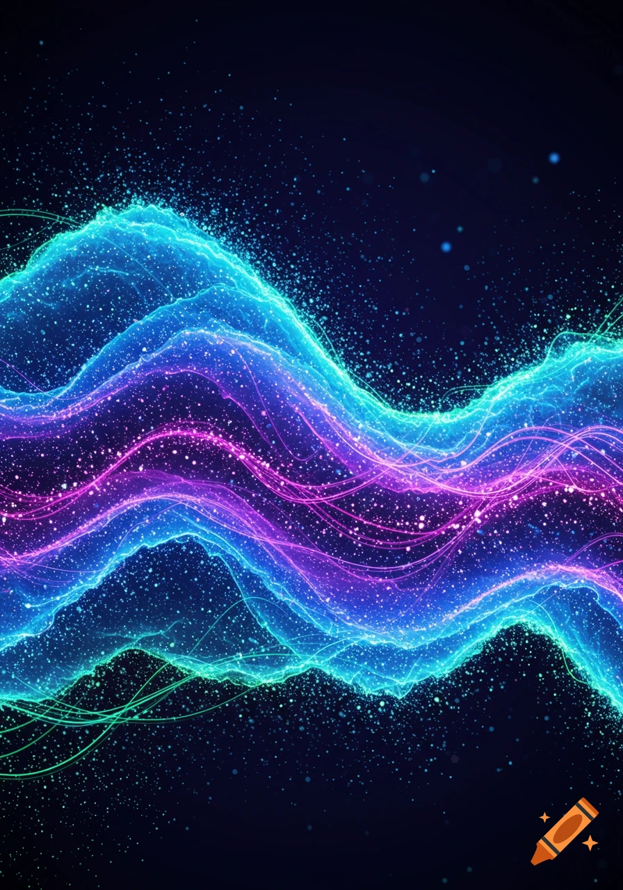 Abstract digital art featuring vibrant blue, purple, and green glowing wave patterns with scattered particles on a dark background.