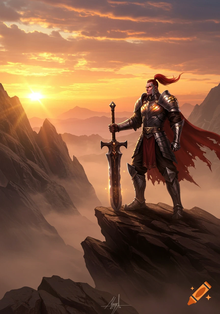 A knight in full armor with a red cape stands on a rocky mountain peak at sunset, holding a large sword, looking to the right.