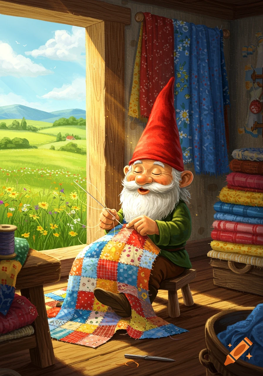 A happy gnome with a red hat and white beard sews a colorful patchwork quilt by a sunlit window, overlooking green hills and wildflowers.