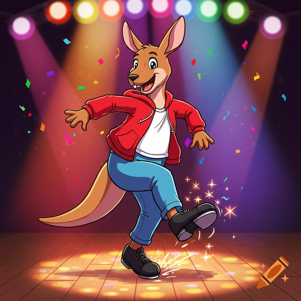 A happy anthropomorphic cartoon kangaroo in a red hoodie, blue pants, and black tap shoes dances on a spotlighted wooden stage with confetti.