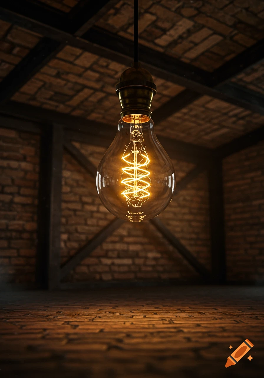 A glowing vintage Edison lightbulb hangs in a dark, rustic room with brick walls and a wooden ceiling.