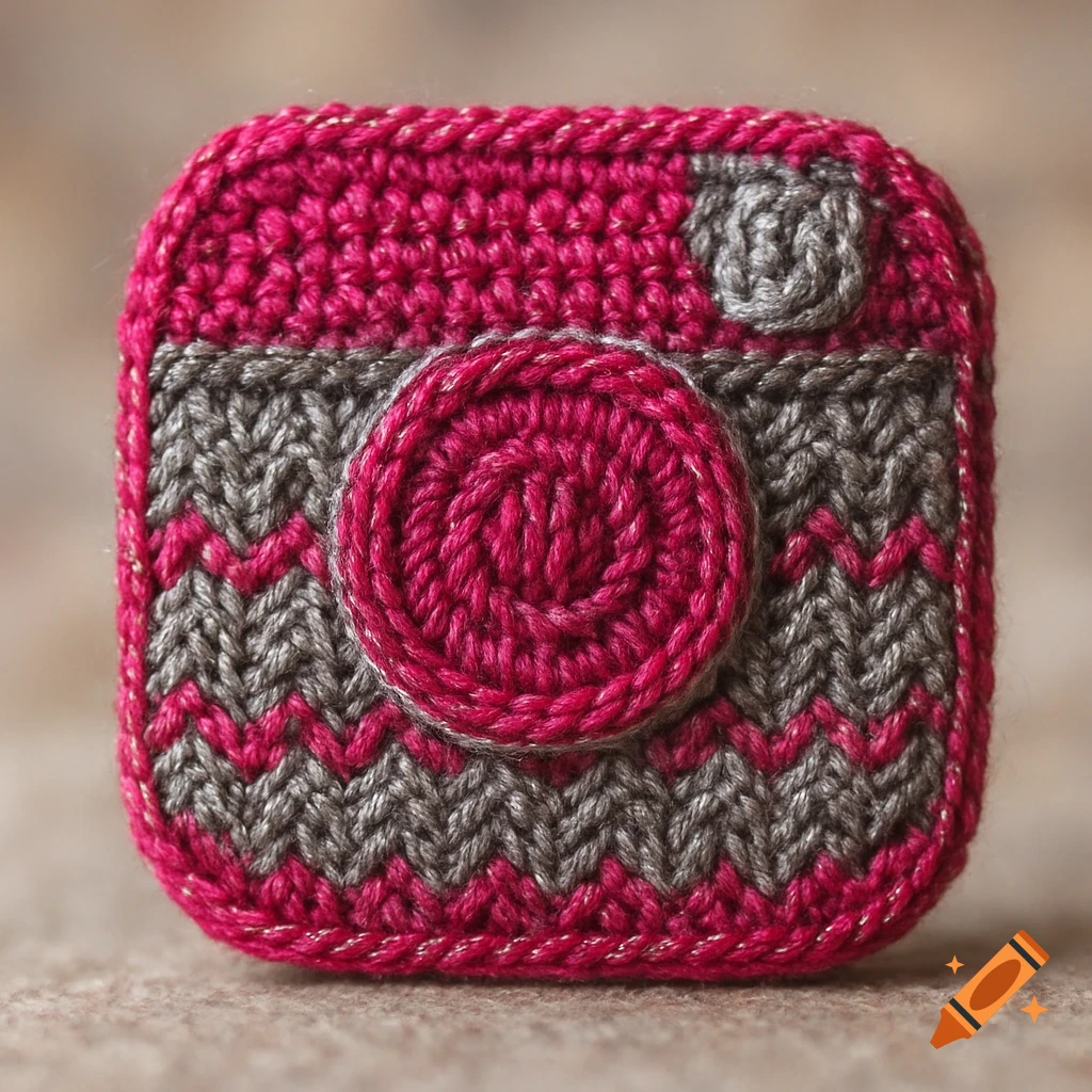 A square knitted Instagram camera icon in cerise pink and grey yarn, featuring a textured design.