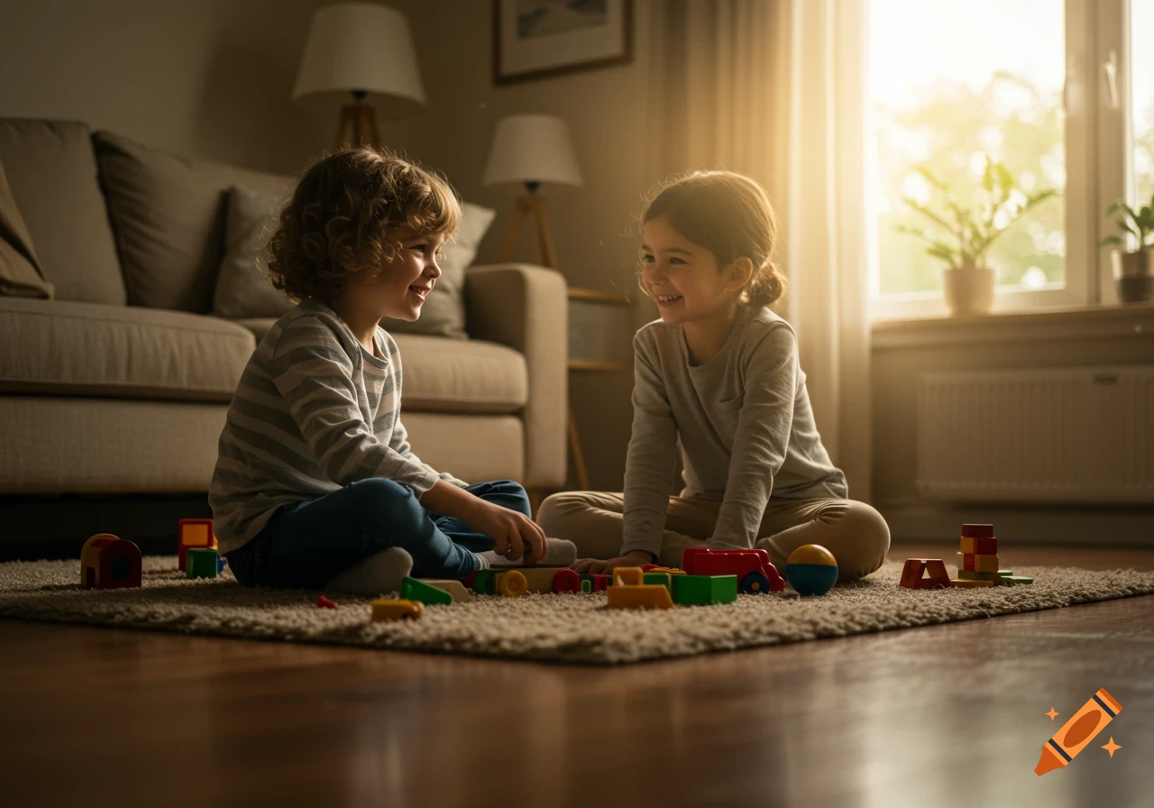 Two smiling children, a boy and a girl, play with colorful blocks and toys on a rug in a sunlit living room.