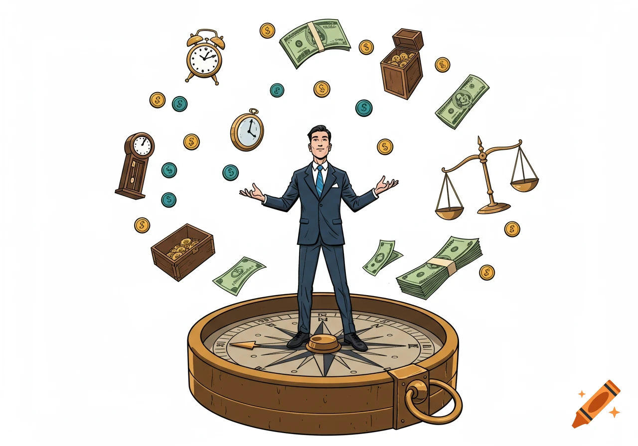 A DC style cartoon of a man in a suit standing on a compass, juggling clocks, money, chests of coins, and scales, all on a white background.