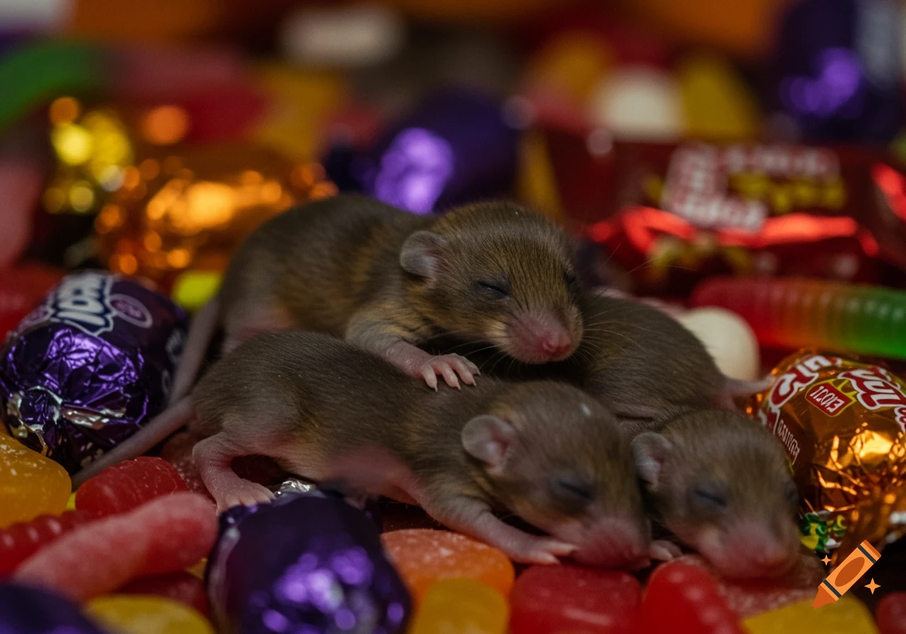 Photorealistic image of sleeping baby mice nestled among colorful Halloween candy.