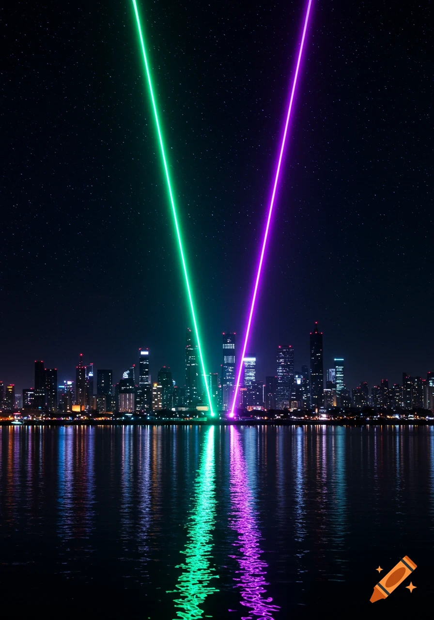 Vibrant city skyline at night with green and purple laser beams reflecting in the water under a starry sky.