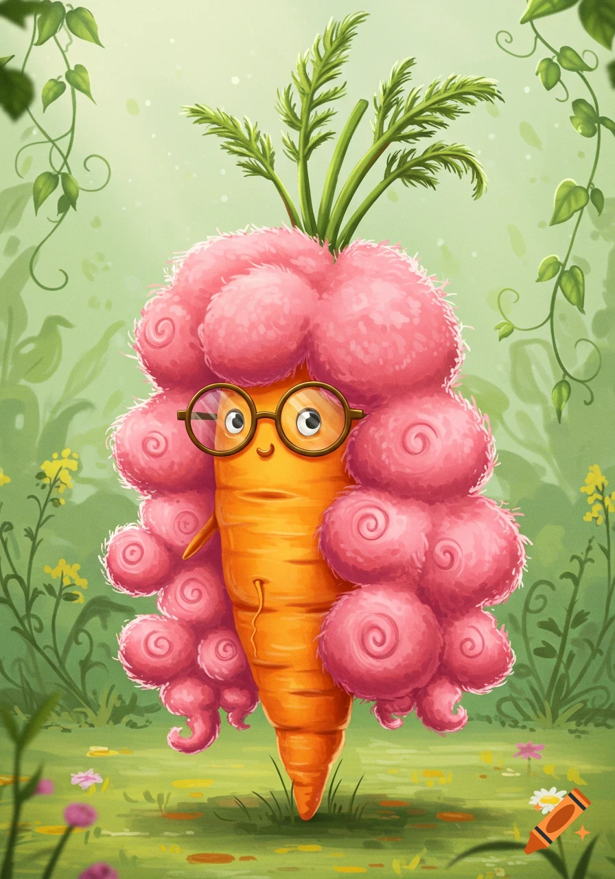 Whimsical cartoon carrot character with green leafy tops, fluffy pink hair, and round glasses in a vibrant garden.