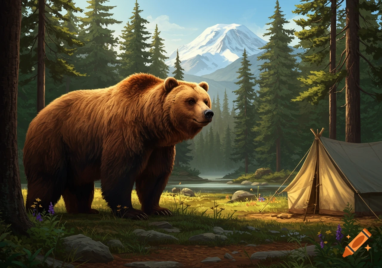 A large brown bear stands in an illustrative forest clearing next to a river and tent, with a snow-capped mountain behind.