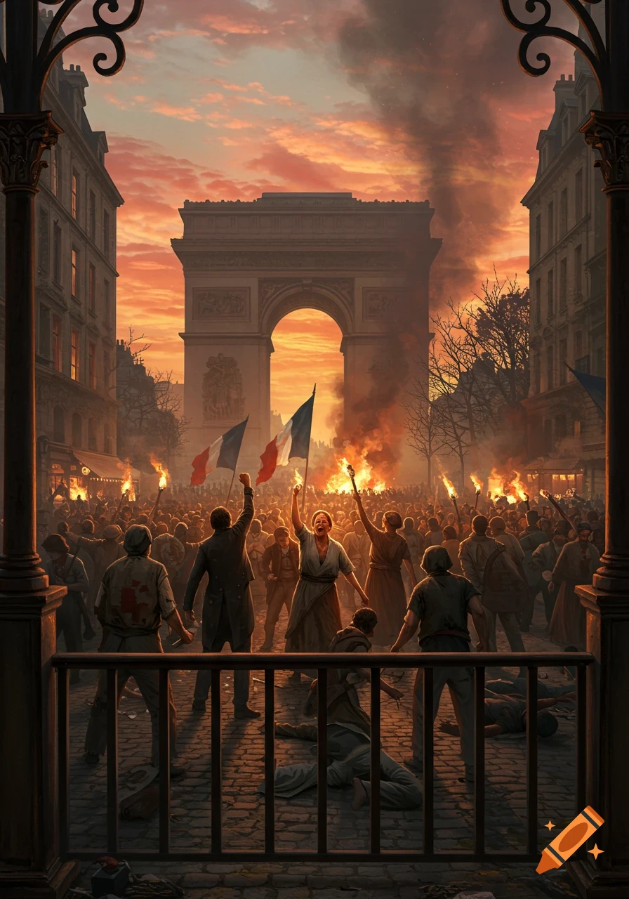 Revolutionary crowd with French flags and torches protests before the Arc de Triomphe, with fires and smoke at sunset.
