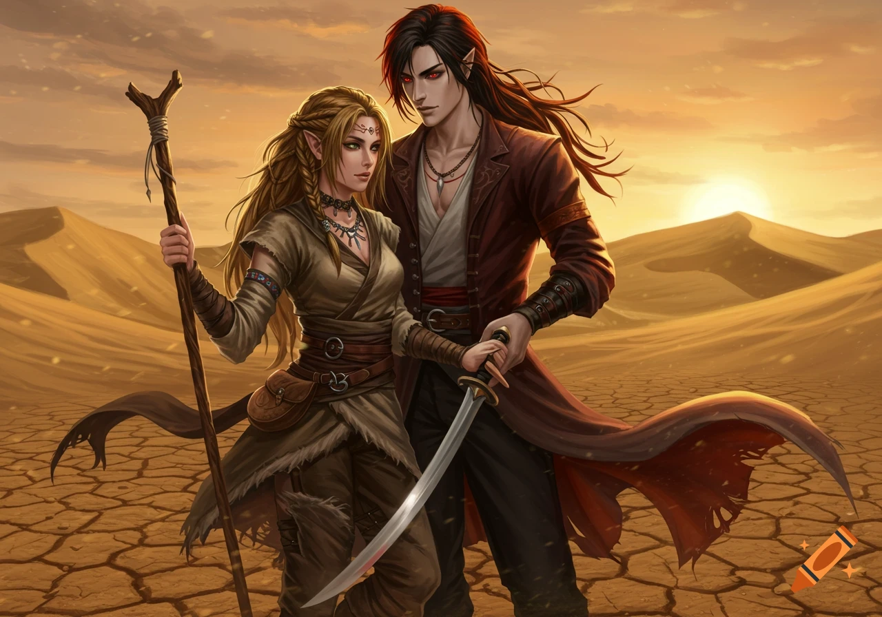A blonde elf-like woman with a staff and a dark-haired man with red eyes stand in a cracked desert landscape with sand dunes and a sunset.