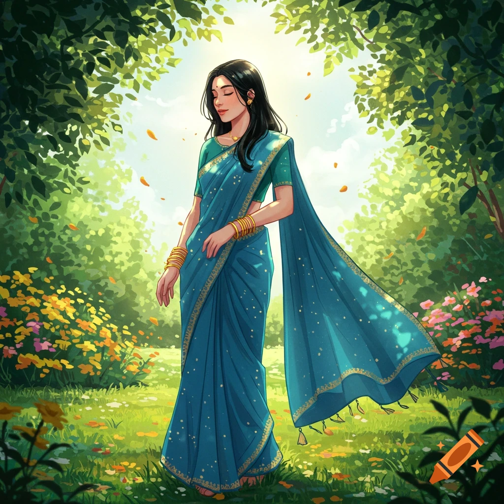An illustrated woman with dark hair wears a blue sari and gold bangles, standing in a lush, green garden with flowers under a bright sky.