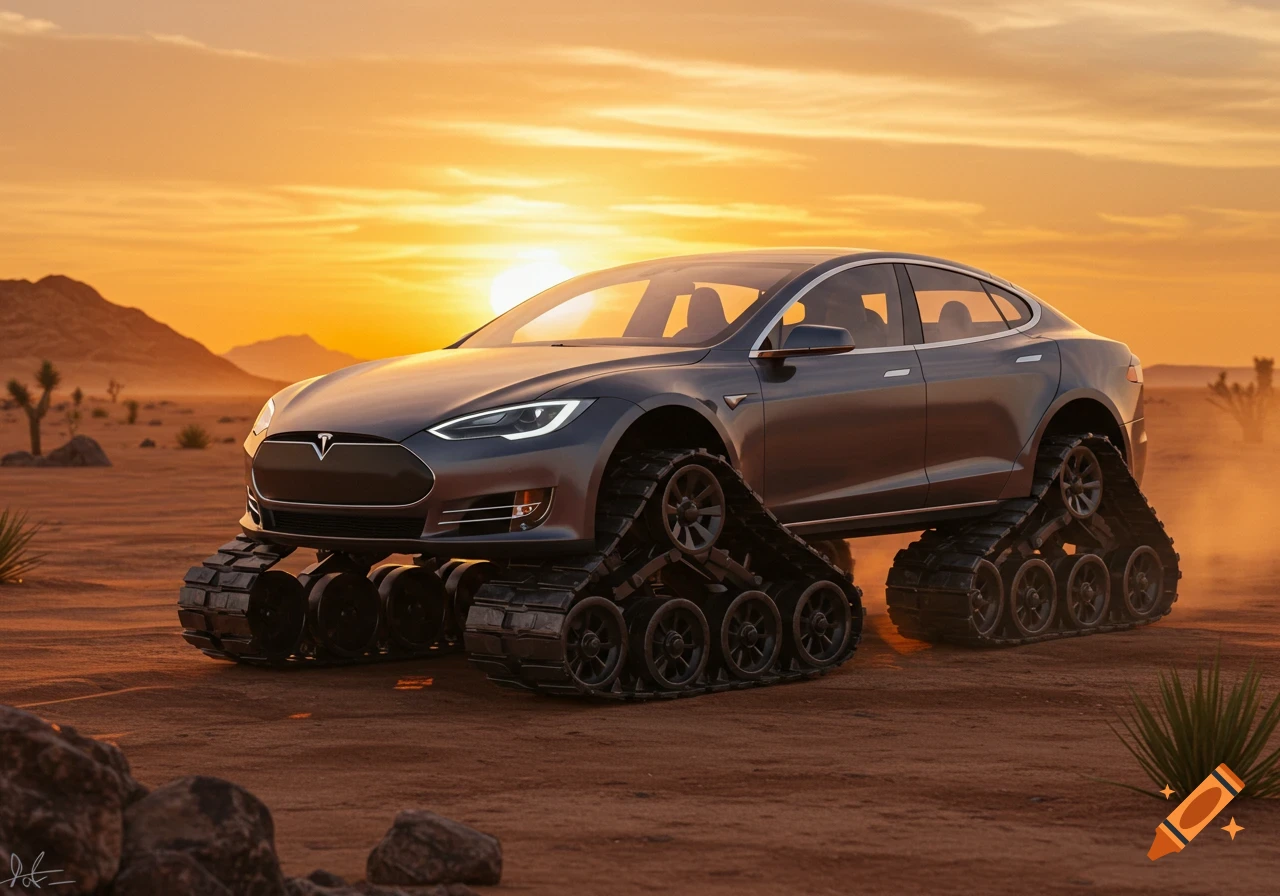 A grey Tesla Model S with tank treads instead of wheels drives through a sandy desert at sunset, with mountains in the background.