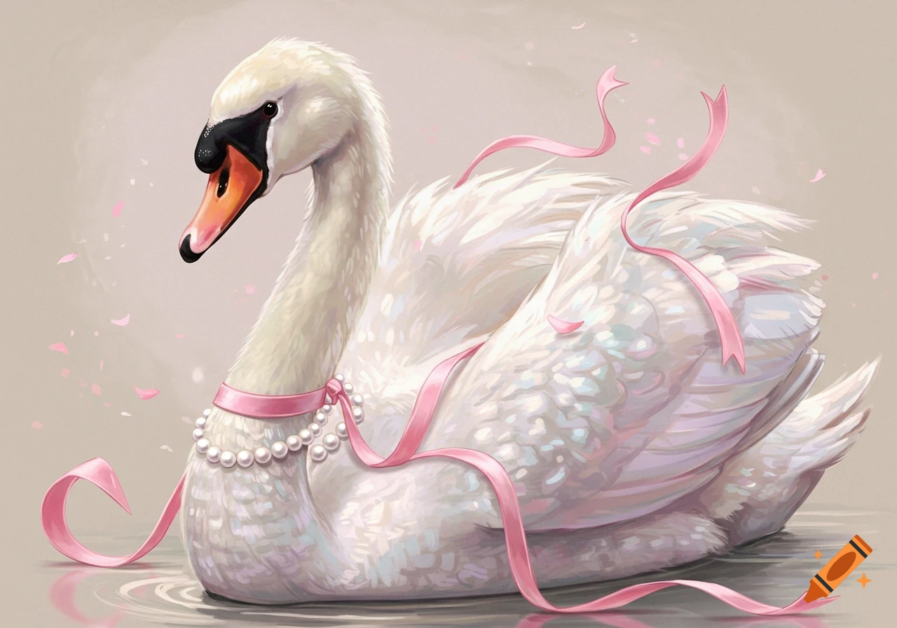 A stylized white swan adorned with pink ribbons and a pearl necklace, surrounded by pink petals, in soft colors.