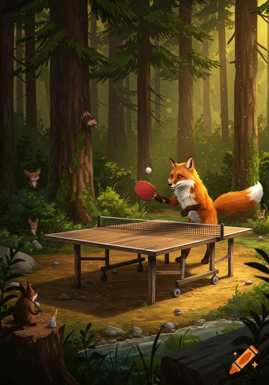 An illustrated, cartoonish fox plays ping-pong in a sunlit forest, surrounded by trees and small animals.