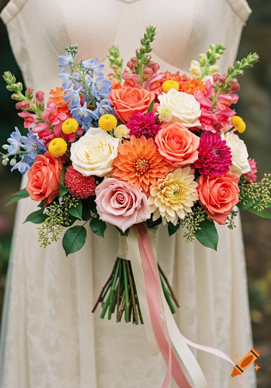 A vibrant wedding bouquet of colorful roses, dahlias, and other flowers, held by someone in a white dress.