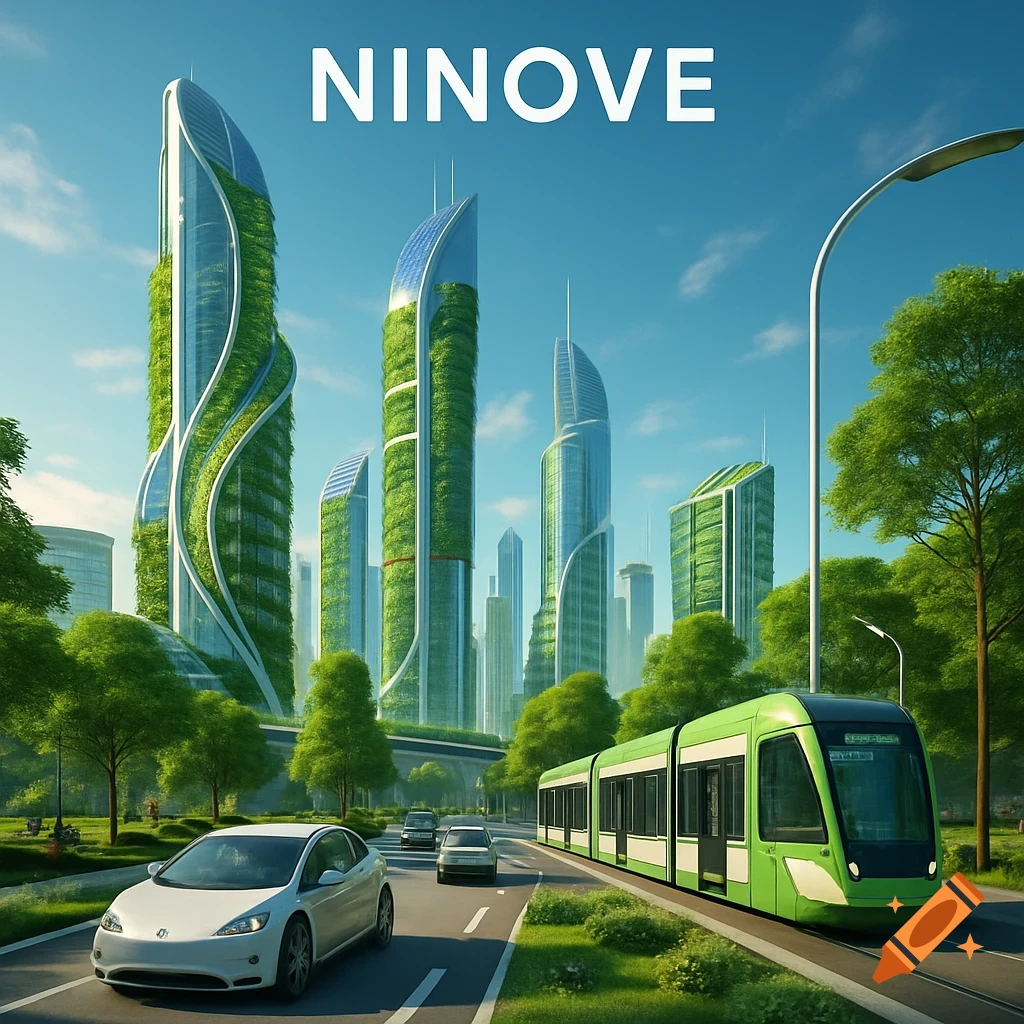 A futuristic cityscape with towering green-covered buildings, a green tram, and cars on a road under a blue sky, with "NINOVE" at the top.