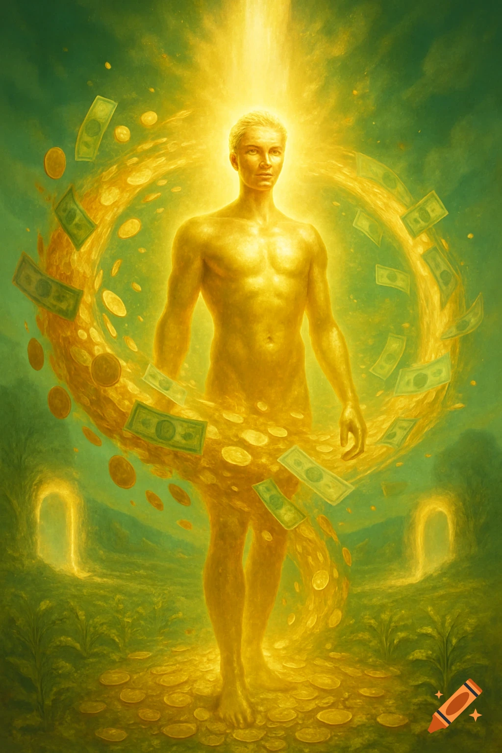 A radiant, golden, bare-chested man stands in an ethereal green landscape, enveloped by a swirling vortex of coins and dollar bills, lit by a divine beam.