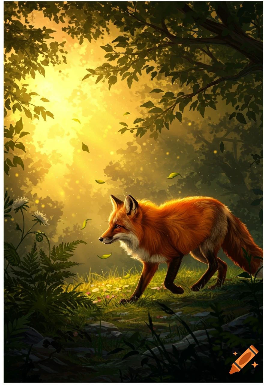 A vibrant red fox walks through a magical, sunlit forest with green foliage and glowing particles, in a detailed illustration.