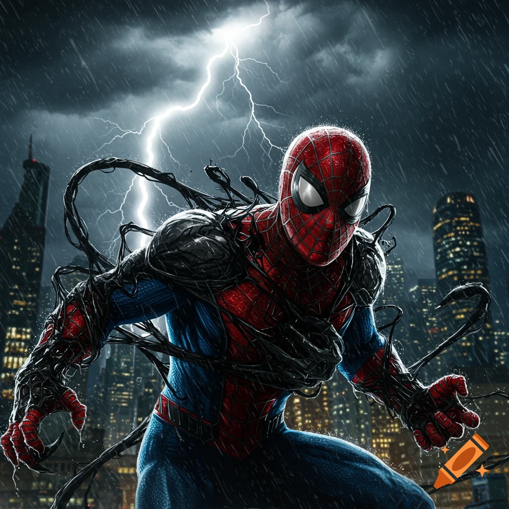 Spiderman in a red and blue suit struggles against a black symbiote wrapping around him, set against a dark, rainy city night with lightning.