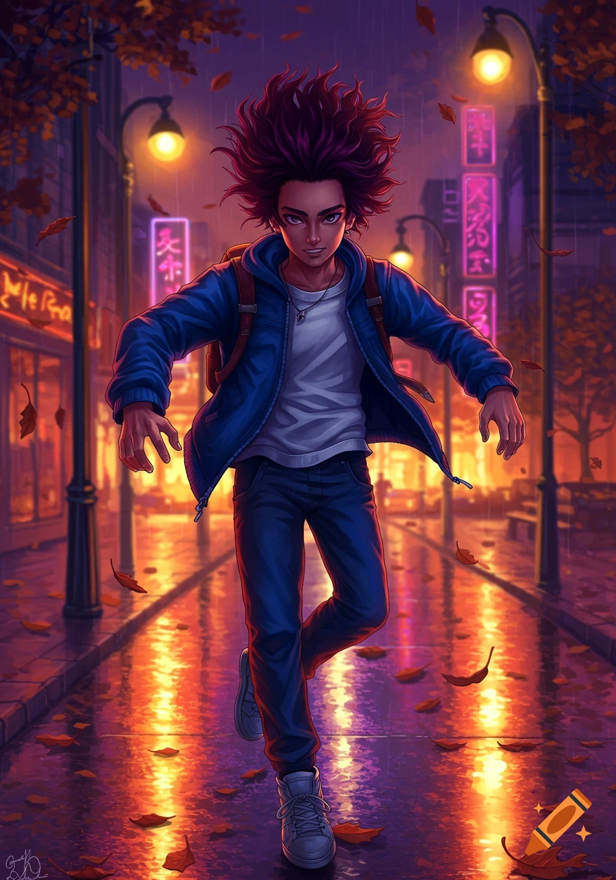 Anime boy with spiky purple hair in a blue jacket runs down a rainy city street at night, surrounded by neon lights and falling autumn leaves.