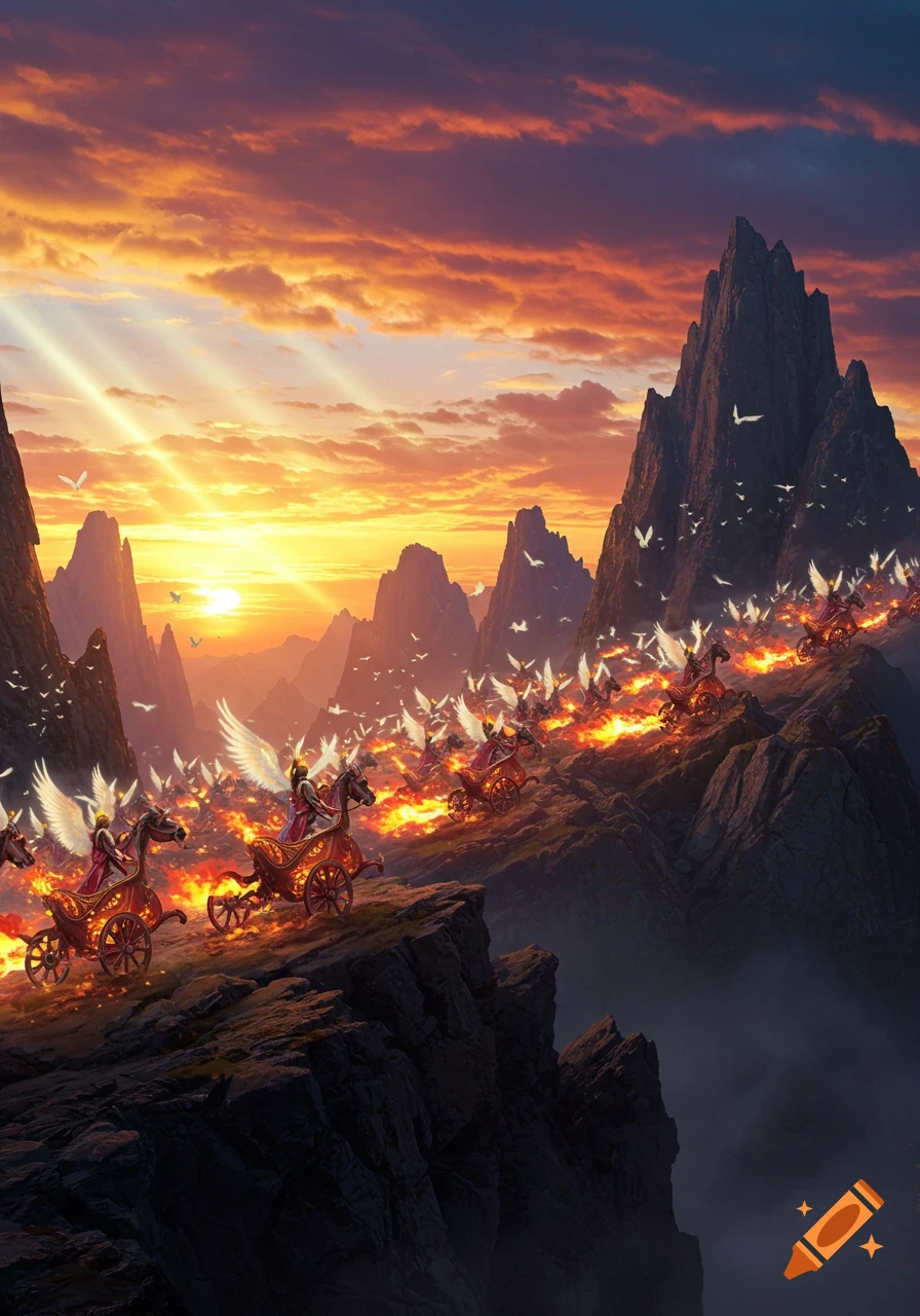 Winged figures on fiery chariots race along a mountain ridge at sunset, with numerous white birds in the sky.
