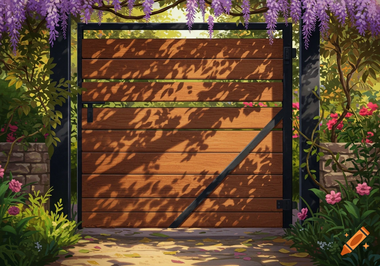 A wooden garden gate with a black metal frame, surrounded by lush green foliage, pink flowers, and purple wisteria blossoms under dappled sunlight.