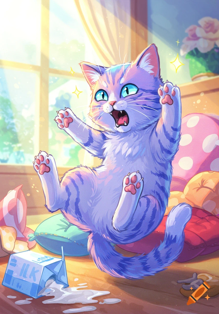 A surprised purple and white anime cat with blue eyes falling over spilled milk in a sunlit room, paws up.