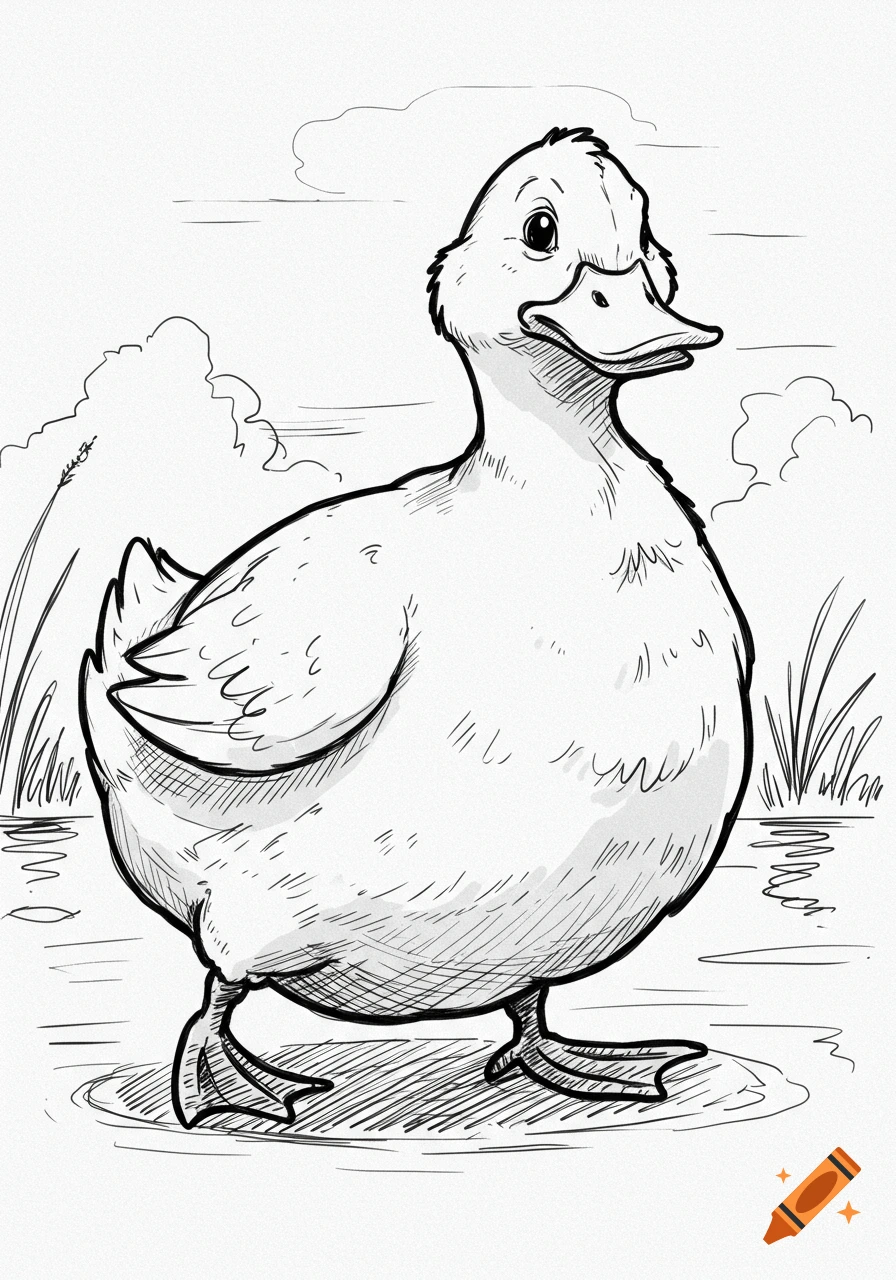 Black and white hand-drawn illustration of a plump duck standing in shallow water with grass and clouds in the background.