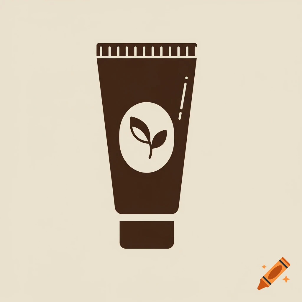 Minimalist brown icon of a squeeze tube with a white circular logo featuring two green leaves on a light background.