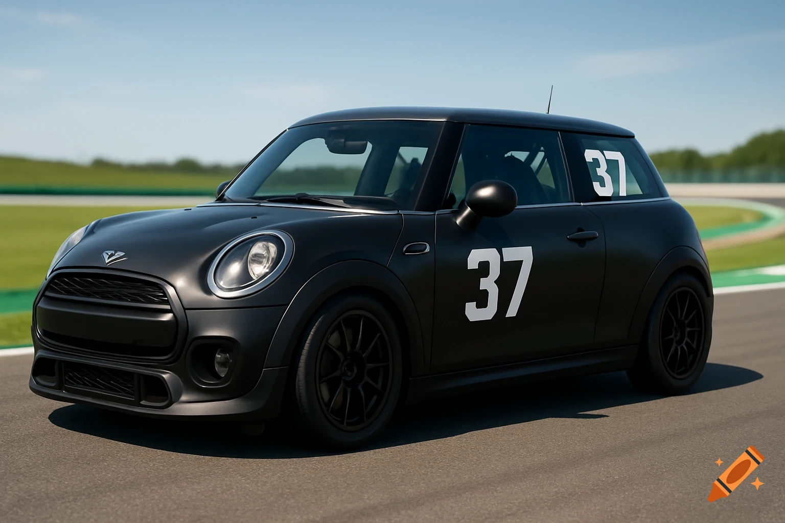 A matte black Mini Cooper race car with white number 37 on its side, parked on a race track under a clear sky in a photorealistic style.