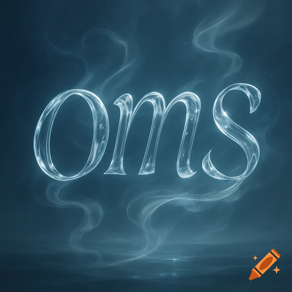 The word 'Oms' rendered in glowing, translucent letters against a dark blue, smoky background.