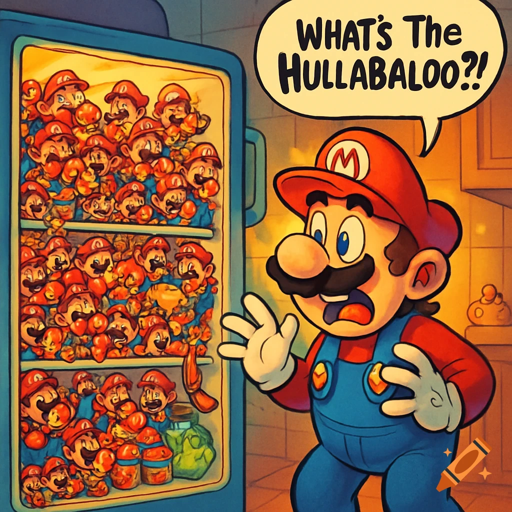Super Mario is surprised, looking into an open refrigerator packed with many tiny Marios eating his food. A speech bubble reads, "WHAT'S The HULLABALOO?!"