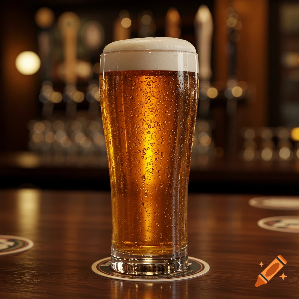 A photorealistic glass of beer with foam and condensation sits on a coaster on a wooden bar counter.