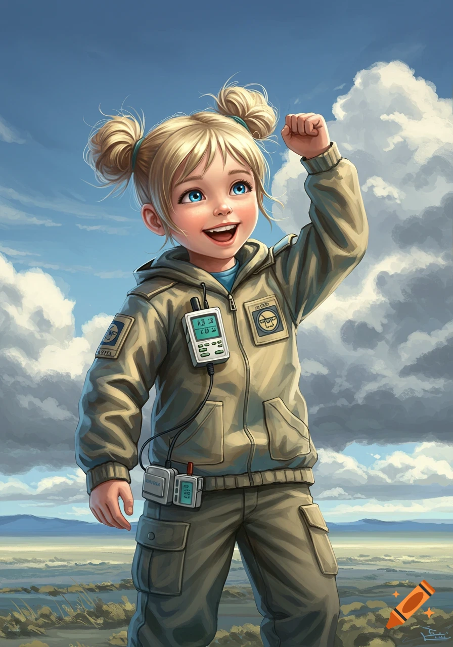 A happy young girl with blonde pigtails and blue eyes, wearing a tan weather hunter jacket with gear, raising her fist triumphantly under a cloudy sky.