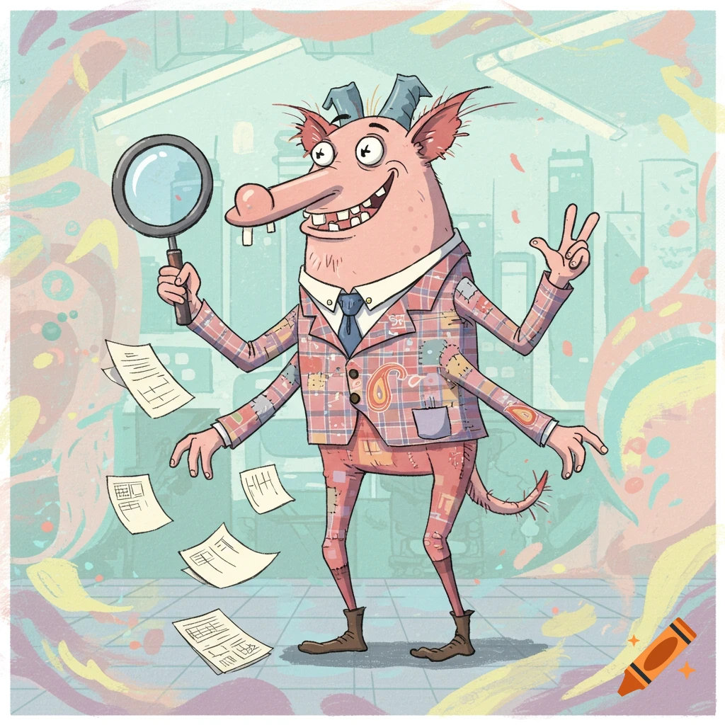 A pink, rat-like monster with six arms, wearing a patched plaid suit, tie, and boots, holding a magnifying glass while papers fly around it in an office-like setting.