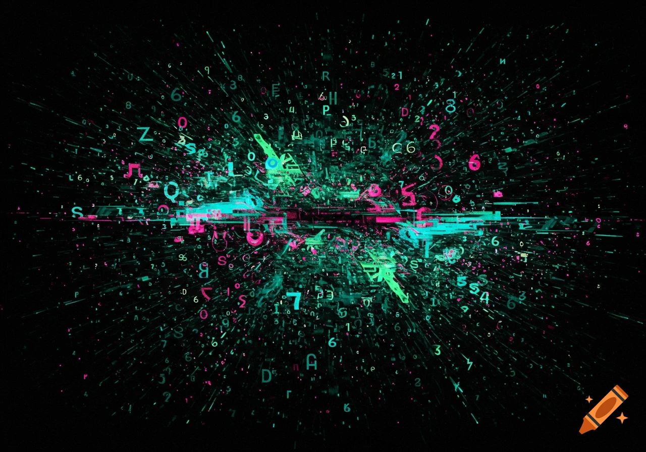 An abstract digital image with a dark background showing a burst of glowing green and pink letters and numbers, creating a glitch-like effect.