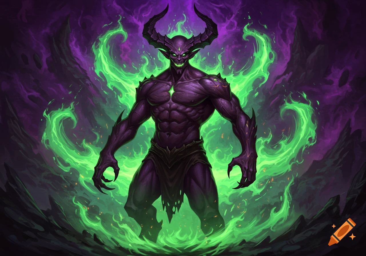 A muscular purple demon with large horns, green glowing eyes, and huge claws stands amidst swirling green and purple flames in a dark fantasy art style.