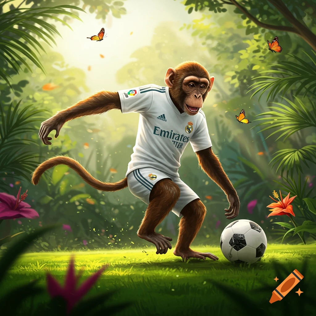 A cartoonish monkey in a white Real Madrid soccer jersey dribbles a ball in a lush jungle with butterflies.
