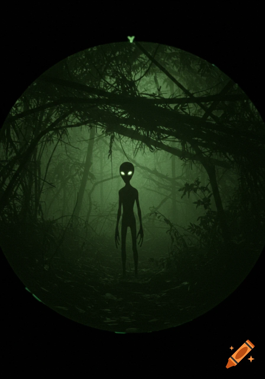 A silhouette of an alien with glowing eyes stands in a dark, foggy forest as seen through a grainy, green night vision scope.