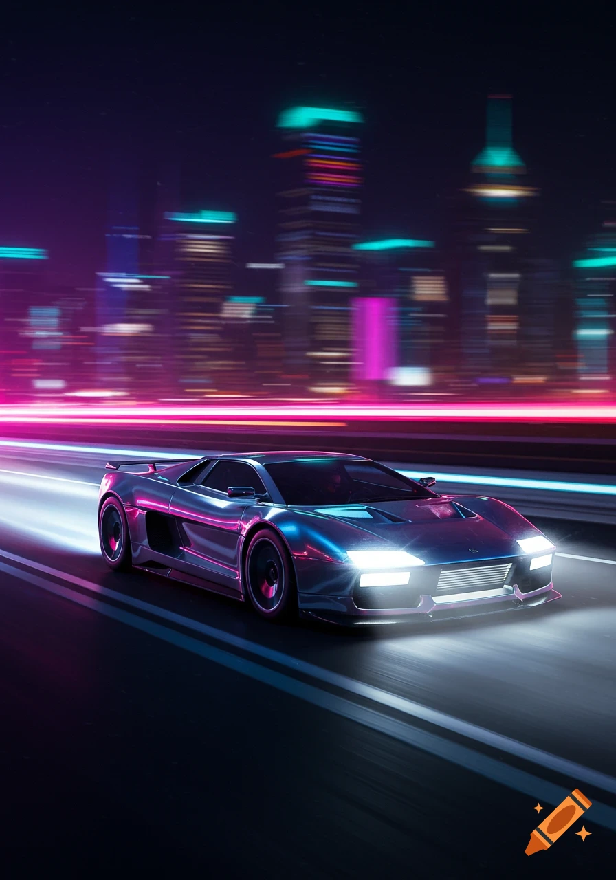 Futuristic metallic sports car on a neon-lit highway at night with a blurred cityscape, in a synthwave style.