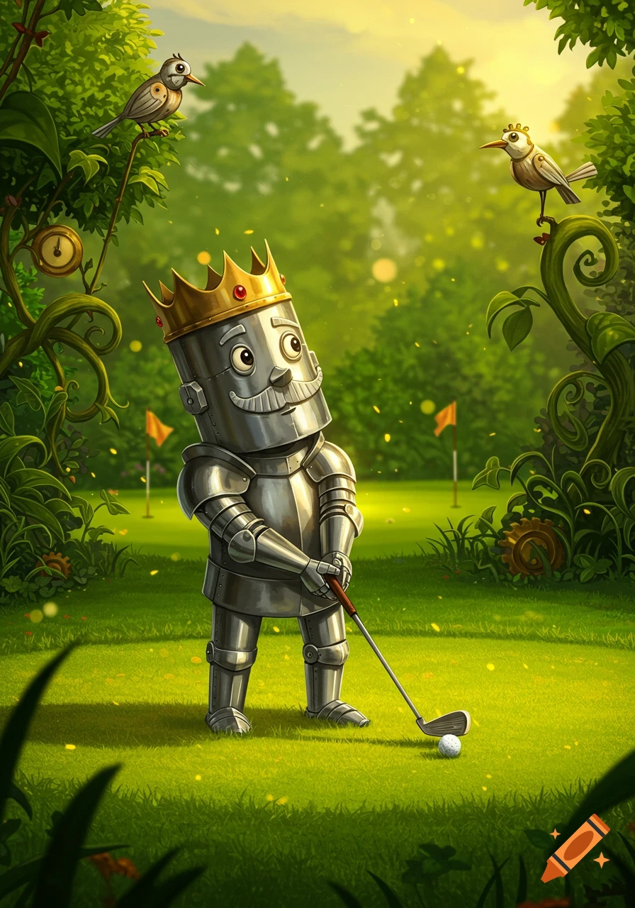 A cartoonish tin knight wearing a crown and armor plays golf on a vibrant green course with birds and whimsical plants.