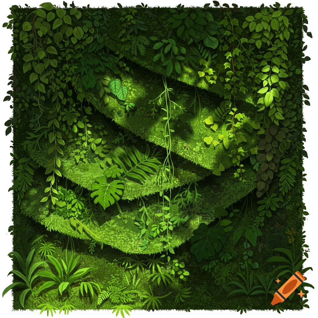 A stylized illustration of a vibrant green wall hanging, rich with various plants, leaves, and moss, creating a textured, layered natural pattern.