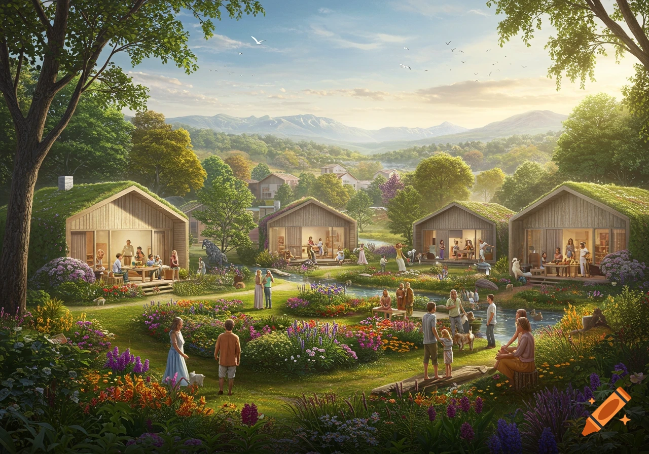 A vibrant, utopian landscape with green-roofed houses, lush gardens, and many people socializing outdoors and indoors.