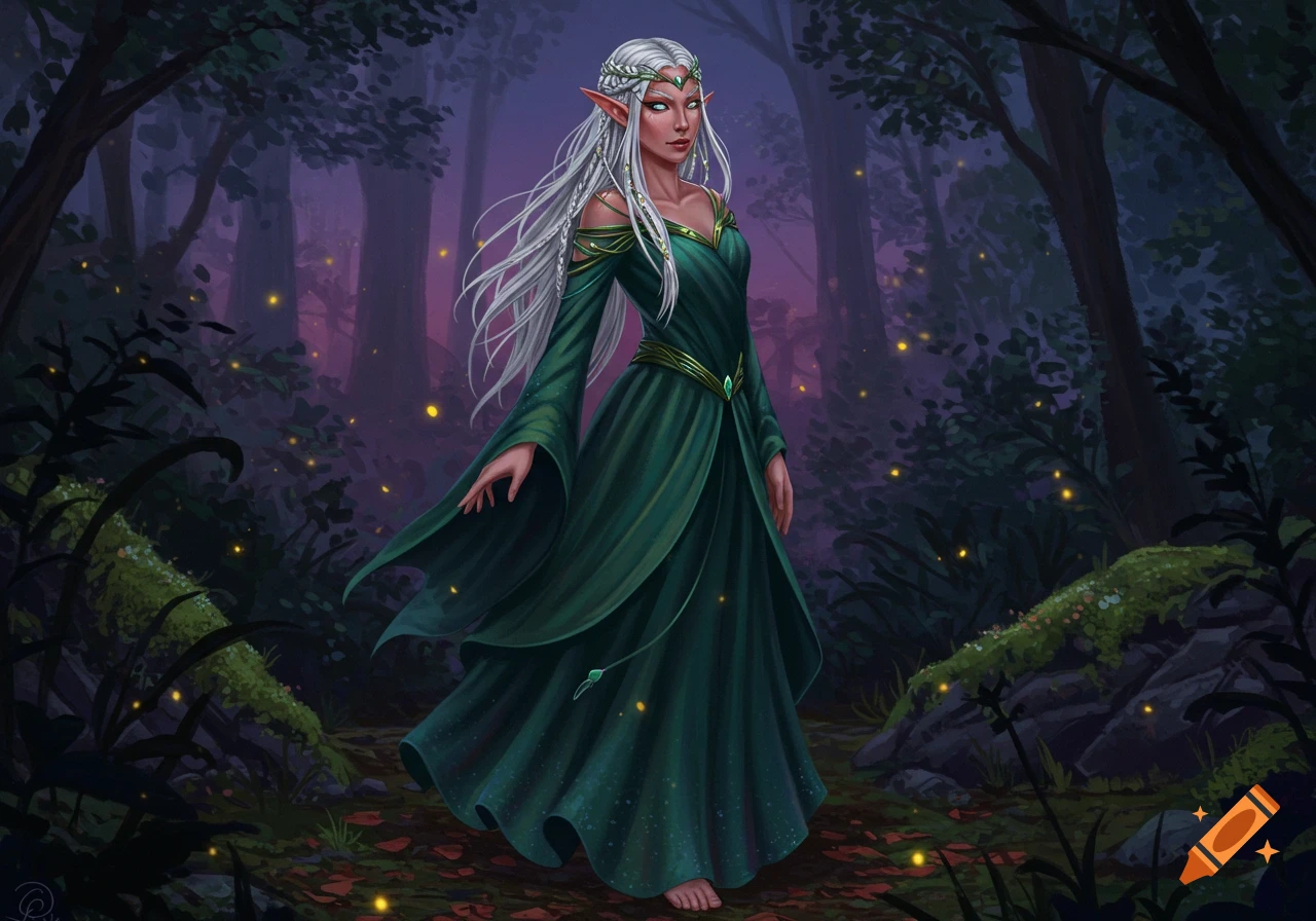 An elf woman with long white hair in a green dress stands in a mystical forest with fireflies.