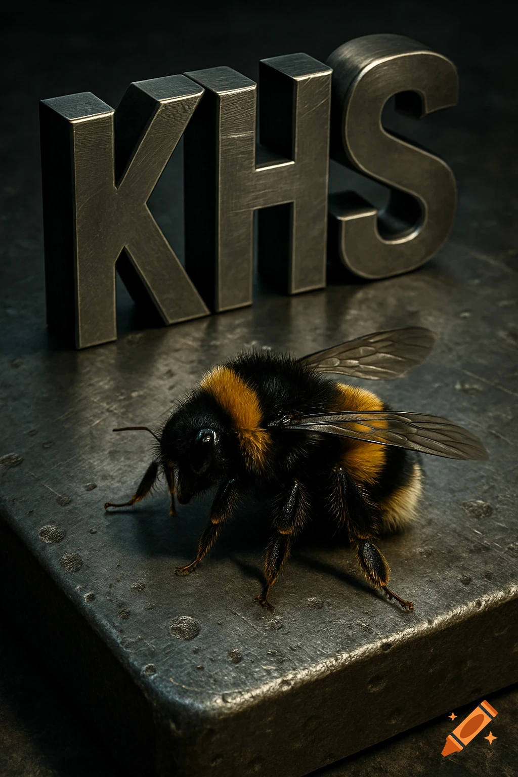 A photorealistic close-up of a bumblebee on a damaged metal plate, with large 3D metallic letters KHS in the background.