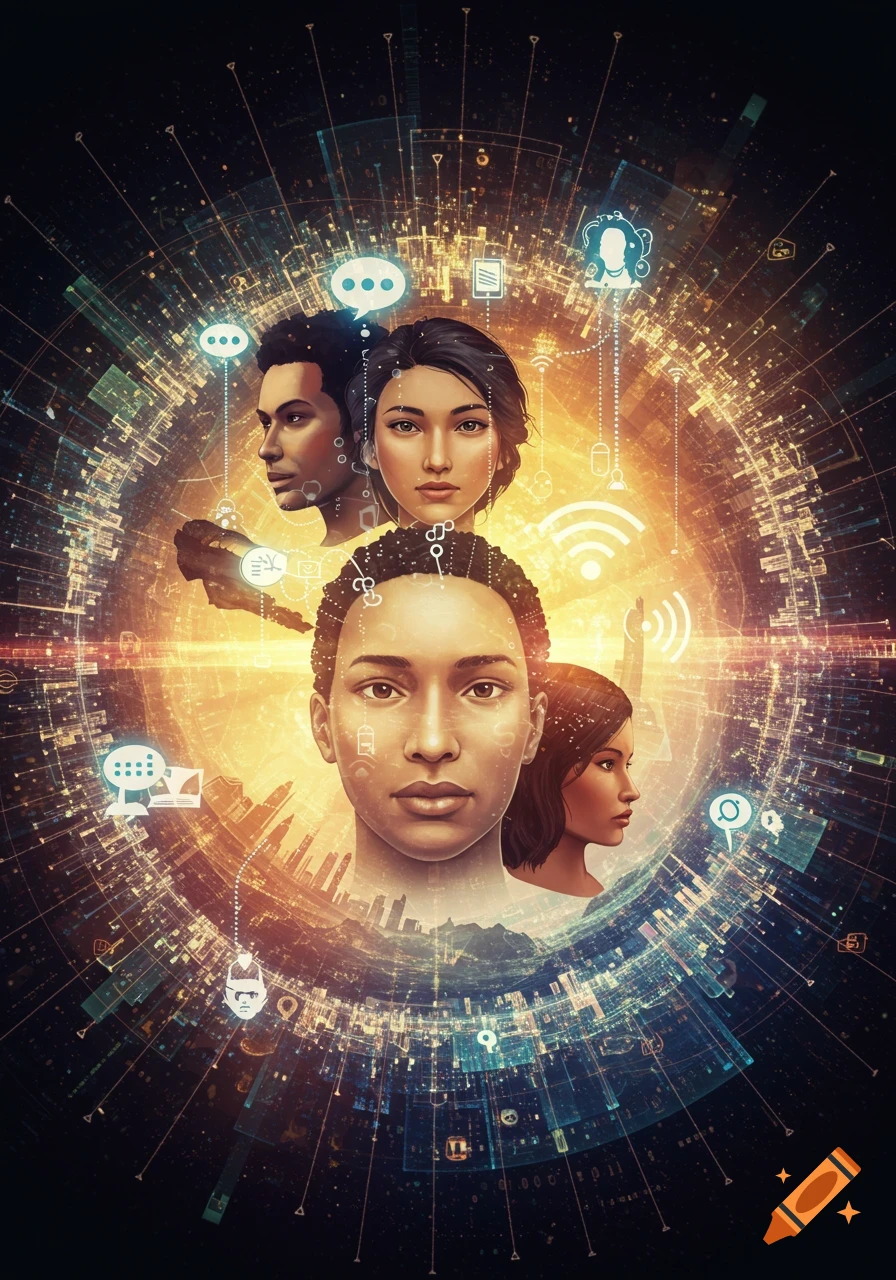 Stylized faces of diverse people emerge from a glowing digital network with communication icons, depicting global communication and technology.